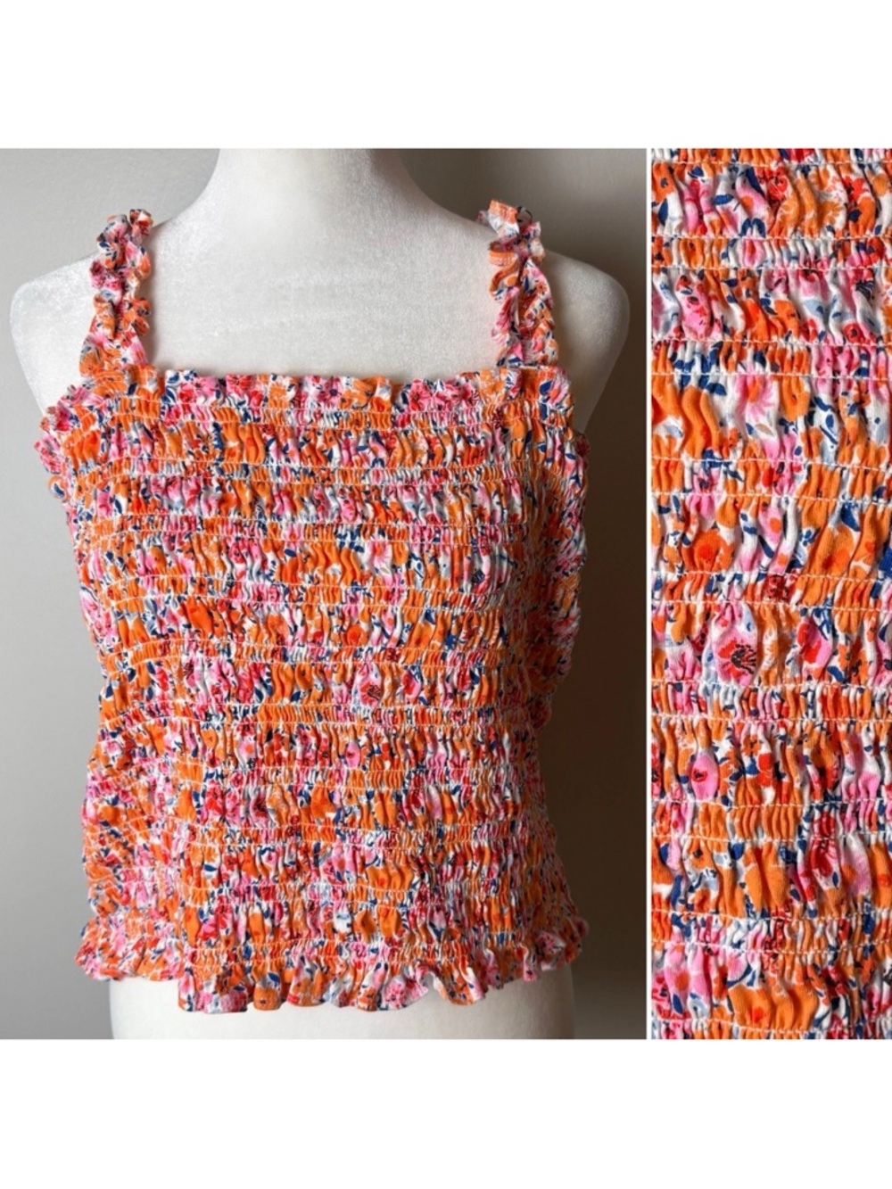 Old Navy Smocked Sleeveless Top Size XL Ruffled Straps Abstract Vibrant Floral